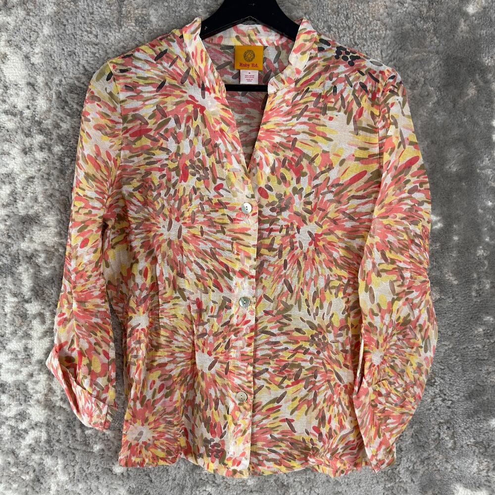 Ruby Rd Size 8 Abstract Casual Button Top V Neck Collar Long Sleeve